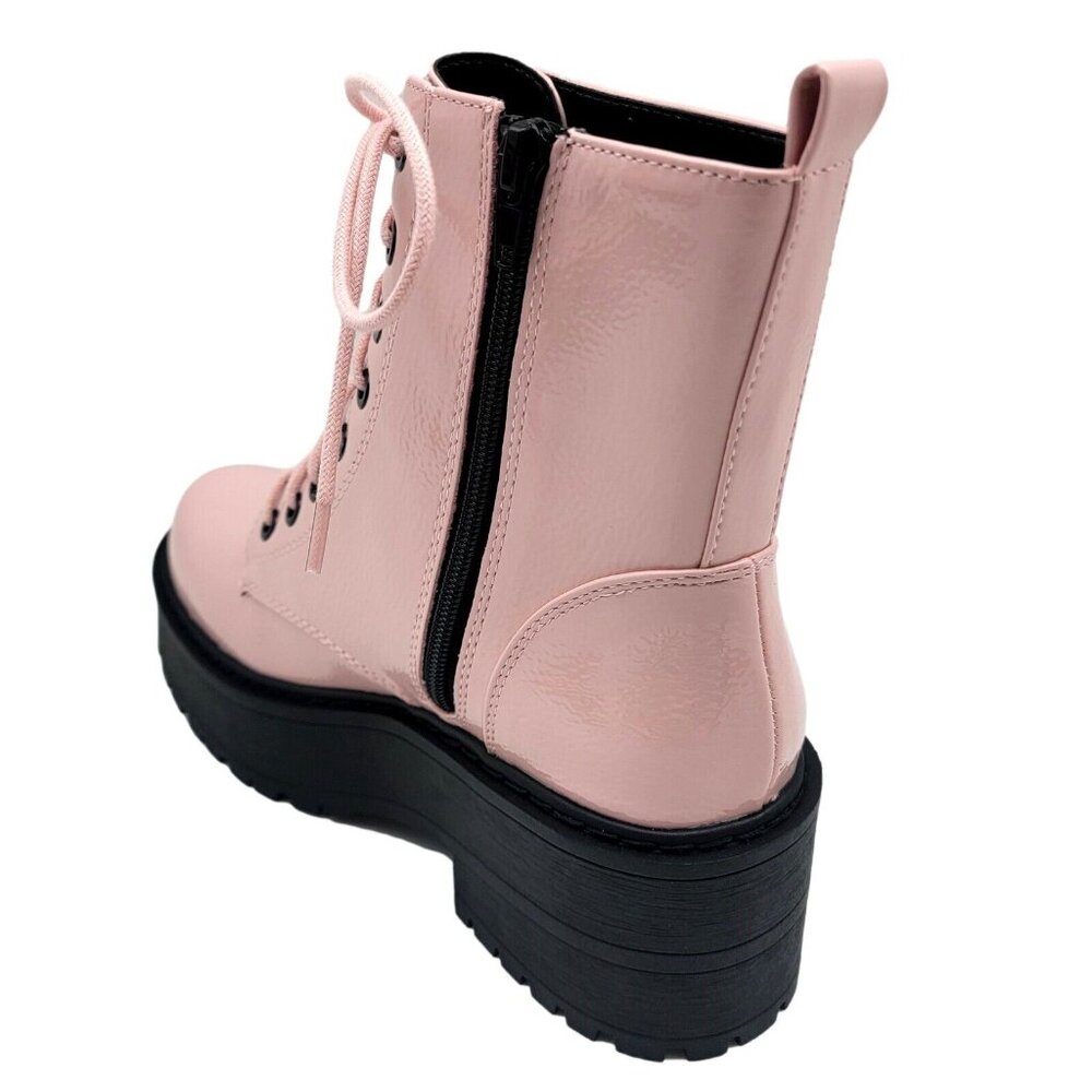 Fling Pink Combat Boots On Chunky Platform with Lug Soles and Side Zipper - Picture 7 of 7